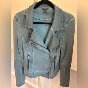 Cropped Teal Faux Leather Moto Jacket